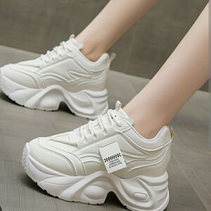 Women's White Chunky Sneakers -  Womens Casual Lace Up Platform Sneakers Wedge